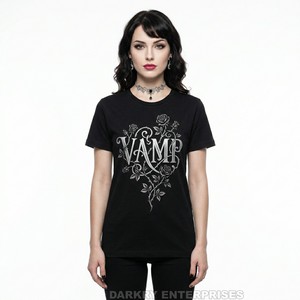 Camiseta de algodón negra con estampado de letras VAMP y gráfico Silver Vine para mujer, fabricante de ropa personalizada, ropa gótica urbana, fábrica OEM - Product Image 1