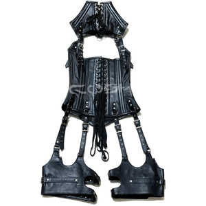 Corset en cuir noir à baleines en acier, style fétichiste et gothique, avec jarretières pour le cou et les cuisses - Product Image 4