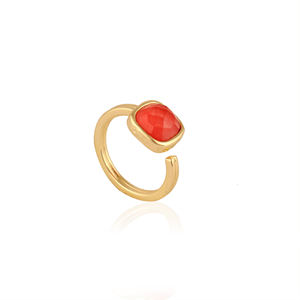 Anillo artesanal elegante de latón chapado en oro con piedra de jade roja, banda ajustable, accesorio de moda, joyería para fiestas de cóctel para damas. - Product Image 3