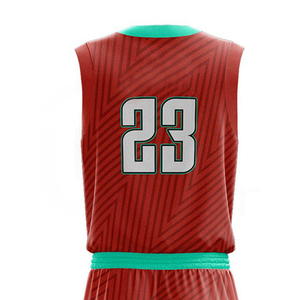 Ensemble de maillots de basket-ball sans manches unisexe Rouge avec bordure verte Impression sublimée Évacuation de l'humidité 100% polyester Coupe athlétique - Product Image 4
