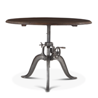 Table de bistrot/bar à domicile de style américain du milieu du siècle, avec base en fonte industrielle à manivelle, réglable en hauteur, et plateau en bois de manguier massif