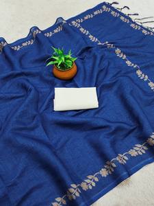 Sari traditionnel en coton bleu pour femmes - Vêtement ethnique de haute qualité, infroissable, protection solaire pour mariages, festivals, fêtes - Product Image 5