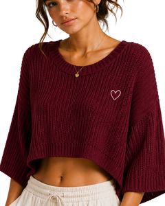 Pull court tricoté ample bordeaux pour femme, à manches courtes, léger et respirant, idéal pour l'été, style décontracté et tendance - Product Image 1