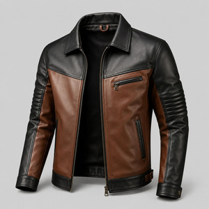 Blouson moto en cuir bicolore pour homme, marron et noir, fermeture éclair, col rabattable, coupe classique, style automne - Product Image 3
