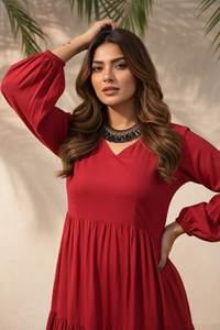 Robe évasée en soie rouge fantaisie, col en V, manches bouffantes, longueur normale, entièrement cousue, couleur unie, élégante, pour soirée occidentale - Product Image 2