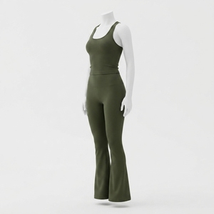 Women Olive Green <b>Flare</b> <b>Leggings</b> Yoga Set Sleeveless Crop Tank Top High Waist <b>Gym</b> Fitness Workout Activewear Two Piece Set - Product Image 1