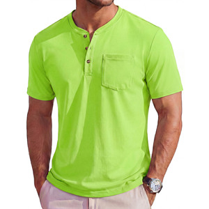 Camisetas de Hombre 2026, Diseño Moderno, Manga Corta, Cuello Henley, Color Sólido, Algodón, Corte Regular, con Bolsillo en el Pecho - Product Image 1