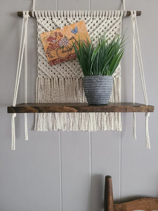 Handmade Cotton Rope with <b>Pine</b> Wood White Macrame Wall <b>Shelf</b> Geometric Pattern Bohemian Style Wooden Rack For Home Decor - Product Image 5