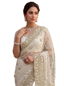 Sari indien traditionnel blanc en tulle pour femme, brodé de perles et de diamants, idéal pour les fêtes d'hiver et d'été - Product Image 3