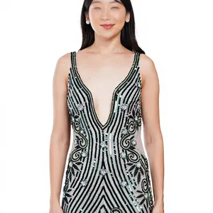 Elegant Mermaid Gown With Deep V-Neck High Slit Sequined Striped Floor-Length Sleeveless Evening <b>Dress</b> - Product Image 6