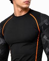Rashguard pour homme à manches longues, col rond, noir avec bordure orange, imprimé géométrique, écologique, anti-UV, séchage rapide, en Spandex et Polyester, pour activités de plein air