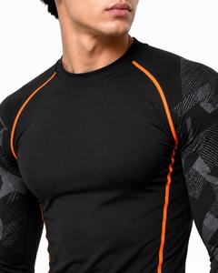 Camiseta Deportiva de Manga Larga para Hombre, Cuello Redondo, Negra con Detalles Naranjas, Estampado Geométrico, Ecológica, Anti-UV, Secado Rápido, Spandex, Poliéster, para Actividades al Aire Libre - Product Image 3