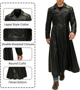 Veste en cuir noire sur mesure pour homme, manteau long en cuir noir à col noir, veste en cuir de motard à quatre poches, veste longue pour homme - Product Image 5