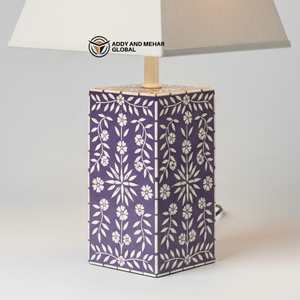 Luxury Purple Bone Inlay <b>Table</b> Lamp with Beige Shade | Handcrafted Floral <b>Bedside</b> Lighting - Product Image 1