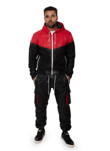 Conjunto Deportivo para Hombre con Capucha, Color Rojo y Negro, con Cremallera Completa, Pantalones Jogger, Ropa de Calle, Invierno, Cuero Genuino, Transpirable - Product Image 2