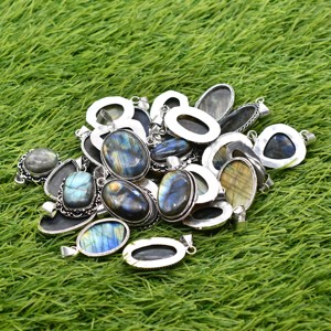 Colliers pendentifs ovales en labradorite naturelle, plaqué argent 925, serti clos, bijoux vintage chrétiens unisexes, 100 à 1000 pièces - Product Image 2