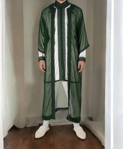 Djellaba Marroquí Verde, Túnica Holgada de Manga Larga de Seda para Hombre, Túnica de Oración para el Eid, Antiarrugas, Bordada, Prenda Tradicional Musulmana - Product Image 1