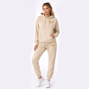 Ensemble personnalisé pour femme : sweat à capuche et pantalon de jogging beiges, survêtement décontracté en molleton de coton, tenue de détente pour femme, vêtements de sport, ensemble avec logo personnalisé - Product Image 2