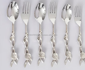 Best Quality Luxury Silver Stainless Steel And Brass Floral Branch Carved Spoon & <b>Fork</b> 12 Pcs Set - Product Image 2