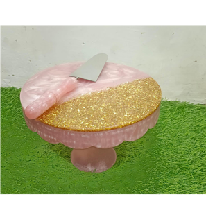 Pink Epoxy & Gold Glitter <b>Cake</b> stand For Birthday Party <b>cake</b> Organizer Crafts With <b>Server</b> & Low Price - Product Image 1