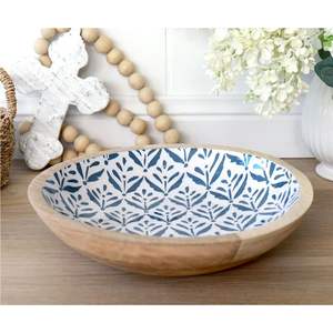 Tazón para Servir Hecho a Mano de Madera de Mango con Incrustaciones de Esmalte Floral Azul - Tazón Decorativo Redondo de Madera de 12 Pulgadas para Frutas y Bocadillos - Product Image 1