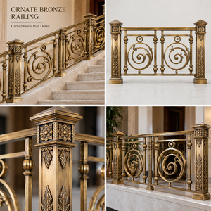 Scrollwork Bronze Railing <b>Handrail</b> Balustrade with Circular Coil Panels and Carved Floral Newel Posts for Luxury Villas and Hote - Product Image 5