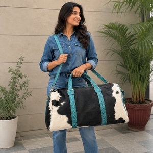 Sacs de voyage en cuir de vachette Western, multi-usages, sacs faits main, sacs de voyage unisexes, grande taille, couleur turquoise, sac à main en cuir de vache à poils - Product Image 3