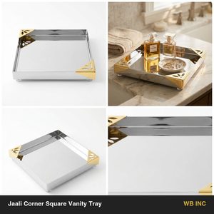 Handmade SS304 <b>Vanity</b> Tray 23 cm Mirror Polish Square with Pierced <b>Corners</b> Jaali Art Style Home Decor for Hotel Wedding <b>Table</b> - Product Image 6