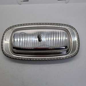 <b>Vintage</b> Butter Dish Silver Tone Metal Decorative Embossed Border Covered Server - Product Image 5