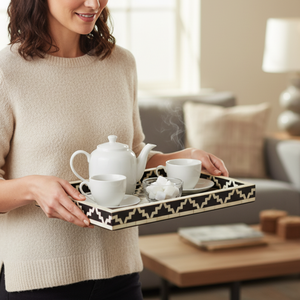 Luxury Bone Inlay Serving Tray Black White | Handmade Geometric Decorative Tray | Elegant <b>Coffee</b> <b>Table</b> Organizer with Handles - Product Image 1