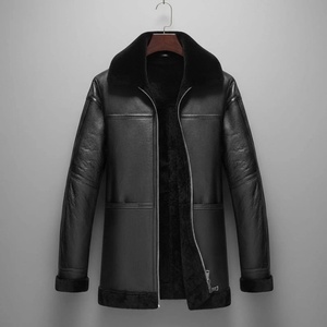 Manteau en cuir véritable pour homme, col rabattu, fermeture éclair, doublure en fourrure épaisse, coupe classique, vêtement d'extérieur - Product Image 1