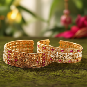 Swayamvara Gold Plated Pearl Cuff Bangle Set-Ethnic Classic Flower Design 2x6 Pieces - Product Image 3