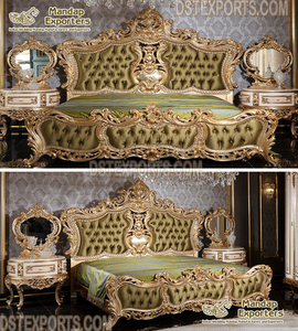 Lit King size traditionnel sculpté à la main, étagères de nuit, à dossier haut, doré Antique, pour chambre à coucher, palais Royal - Product Image 4