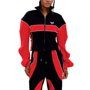 Custom Women's Red Black Nylon Windbreaker Tracksuit Set Flared Sleeve Zip Jacket Jogger Set OEM Embroidery Patchwork Hoodies - Product Image 4