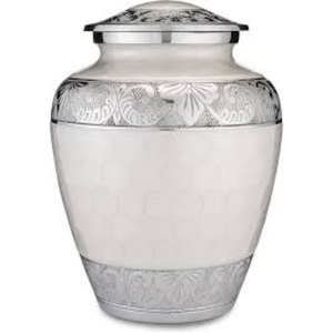 Urna Funeraria Artesanal para Cenizas Humanas, Elegante Esmalte Blanco y Metal Plateado Grabado a Mano, Venta al Por Mayor - Product Image 1