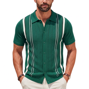 Polo en tricot rayé vert pour homme, manches courtes, décontracté, boutonné devant, respirant, en coton, coupe classique - Product Image 5