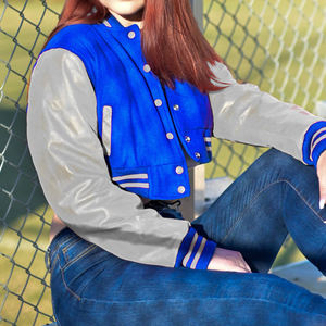 Veste courte universitaire pour femme, bleu roi et gris, style Letterman, manteau bomber, manches en similicuir, vêtement d'extérieur décontracté, mode féminine - Product Image 4