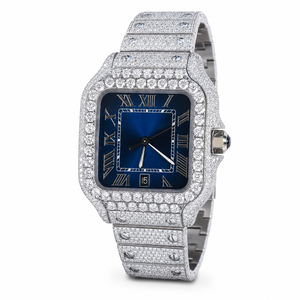 Reloj de Lujo con Esfera Azul Completamente Adornada con Moissanita, Reloj Unisex de Acero Inoxidable con Números Romanos y Visualización de Fecha - Product Image 3