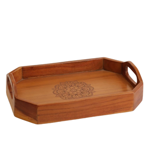 Bandeja de madera de mango natural en forma de rectángulo con asas recortadas, ideal para servir comida en el hogar, restaurante o mesa de comedor, uso decorativo - Product Image 1