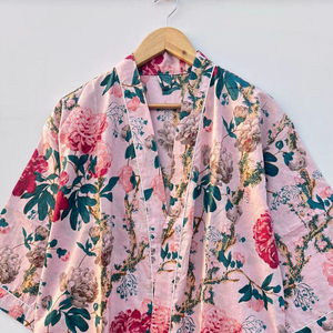 Women's Bohemian Style Cotton <b>Bath</b> Robe Floral Printed Handmade <b>Light</b> Weight Kimono Casual Style Knee Length for Summer - Product Image 1