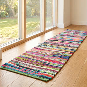 Tapis d'intérieur marocain en coton recyclé, motif losanges, 5' x 8', pour salon, style bohème, scandinave et contemporain - Product Image 1
