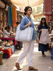 Grand sac fourre-tout bohème en coton avec motif brodé, ouverture supérieure, pour le shopping, grande taille pour femme, blanc et bleu - Product Image 2