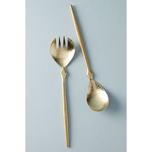 Servidores de Ensalada de Acero Inoxidable Dorado Martillado de Primera Calidad con Mango de Mármol Blanco, Juego de 2 Piezas, Vajilla Moderna para Hotel - Product Image 1