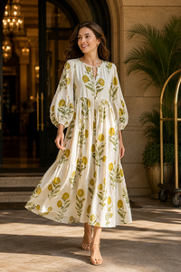 Jaipuri Block Print Floral 100% Cotton Midi <b>Kaftan</b> Dress Women Regular Fit Bohemian Natural Breathable <b>Summer</b> Beach Resort Wear - Product Image 4