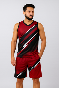Ensemble débardeur et short géométrique rouge, noir et blanc pour homme, col en V, séchage rapide, tricoté en polyester, tenue sportive d'été - Product Image 4
