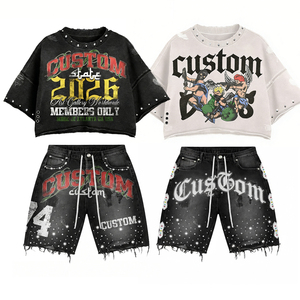Conjunto de dos piezas para hombre: Camiseta de verano transpirable de corte holgado y shorts de algodón vintage con pedrería, estilo desgastado y lavado, personalizado. - Product Image 5