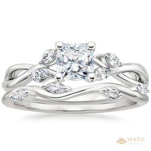 Anillo de Compromiso y Boda de Moissanita Corte Radiante con Detalles Marquesa en Tono Plateado y Banda Trenzada, Joyería Elegante, Regalo para Ella - Product Image 1