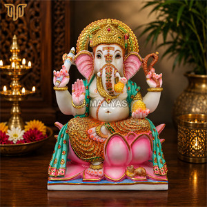 Estatua de Ganesha en Mármol Puro sobre Trono de Loto |   Ídolo del Dios Ganesha Hecho a Mano |   Murti de Ganpati de Mármol Premium para Templo en Casa, 15 Pulgadas - Product Image 1