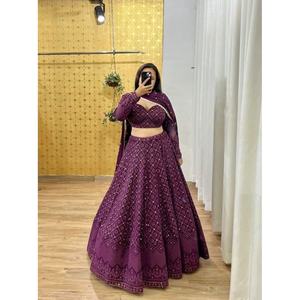 SECUENCIA DE HILO DE DISEÑADOR GEORGETTE TRABAJO LEHNGA CHOLI CON VINO DUPATTA - Product Image 1