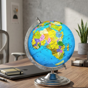 <b>Rotating</b> <b>Desk</b> Globe with Aluminum Meridian Ring | Iron Base Stand & Plastic World Map Sphere for Study Table & Office Decor - Product Image 2